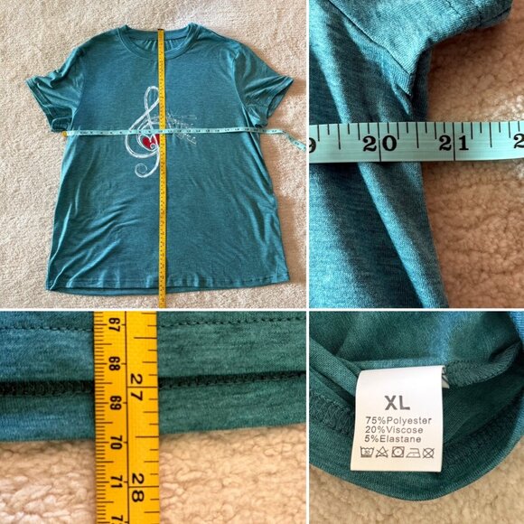 Music Themed Size XL Teal Graphic Tee Treble Clef Heart Design Casual Fun Singer - Picture 4 of 6